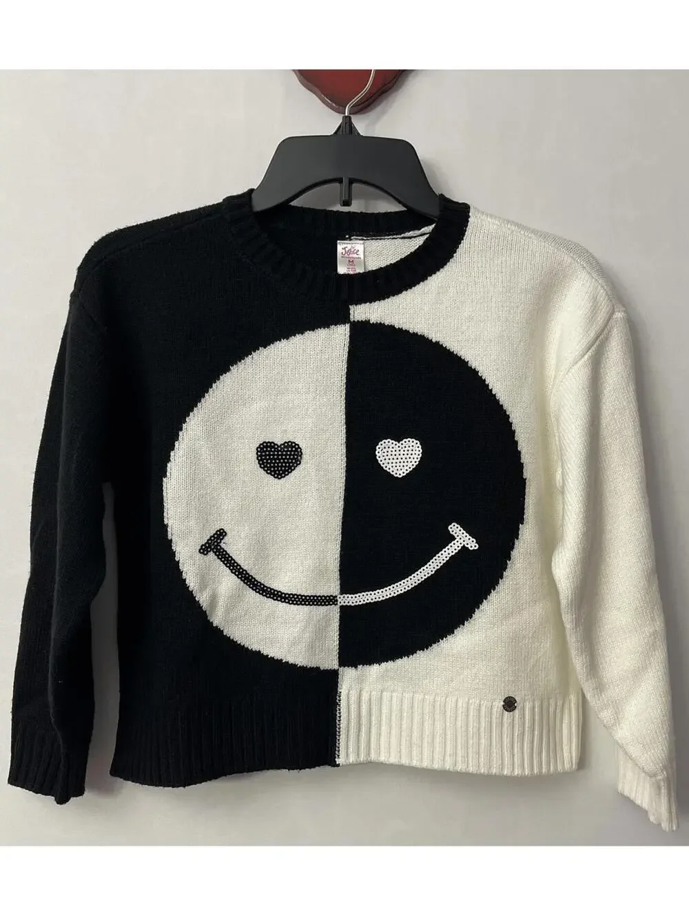 Justice Girls Medium Size 10 Black & White Smiley Colorblock Knit Sweater! A6699